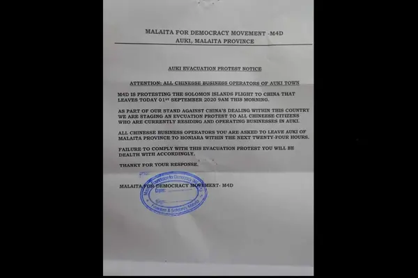 The notice says M4D is protesting the Solomon Islands flight to China that left yesterday.