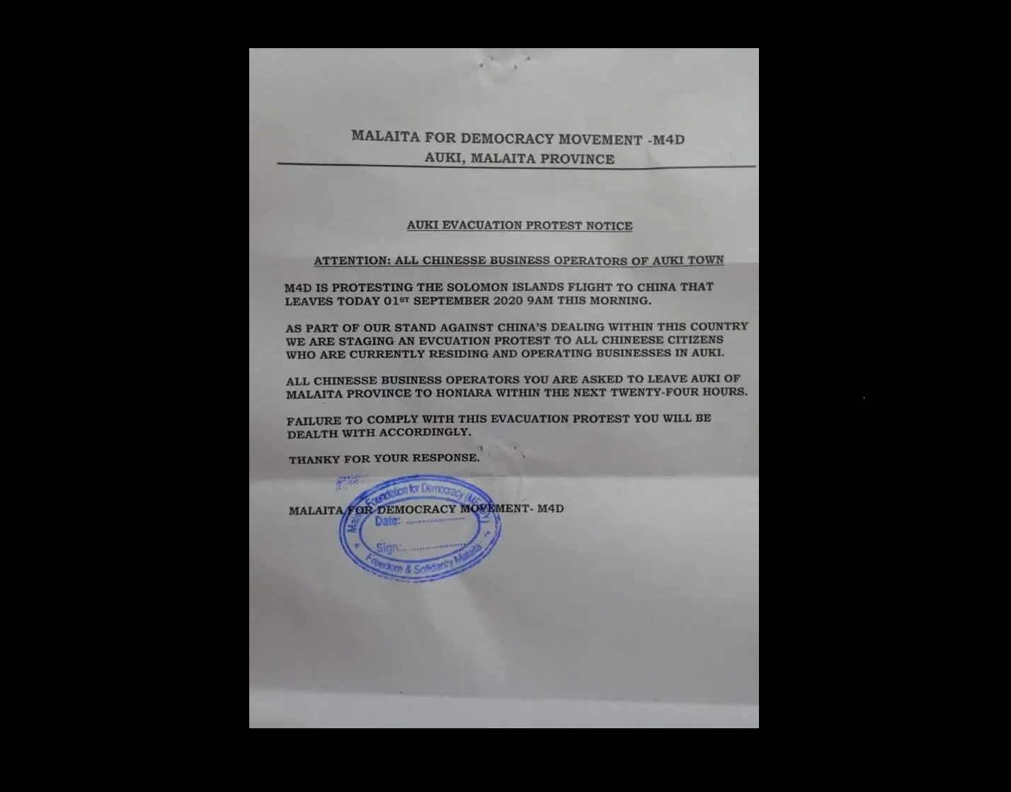 The notice says M4D is protesting the Solomon Islands flight to China that left yesterday.
