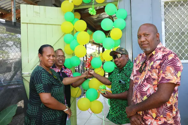 Left - Right: MRD Deputy Secretary Corporate, Constance Wane, a Constituent Rep, CDO John Butaifai and MRD Director Governance, Noel Matea during the ribbon cutting ceremony to officially open the new constituency office.