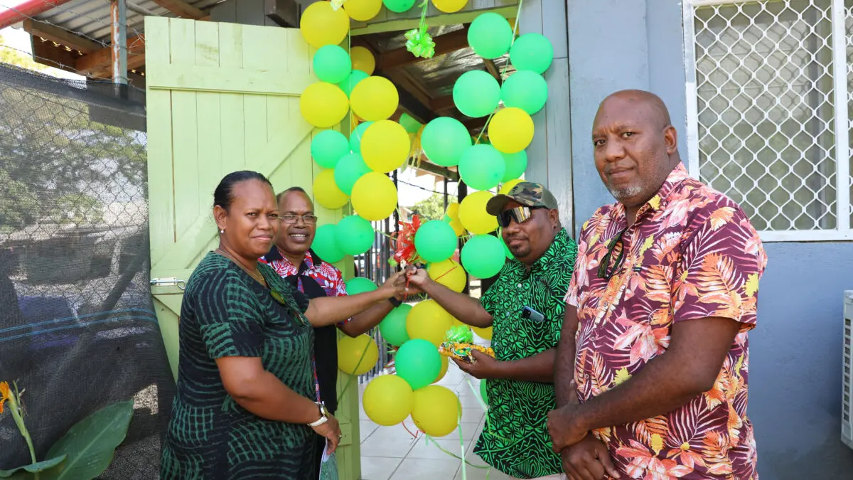 Left - Right: MRD Deputy Secretary Corporate, Constance Wane, a Constituent Rep, CDO John Butaifai and MRD Director Governance, Noel Matea during the ribbon cutting ceremony to officially open the new constituency office.