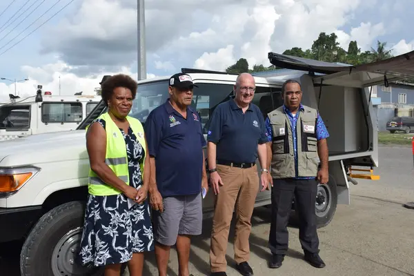The handing over ceremony (L-R) DRM Project Manager Ms. Vini Talai, Director of NDMO Loti Yates, Australian High Commissioner H.E Dr Lachlan Strahan and MECDM Permanent Secretary, Dr Melchior Mataki.
