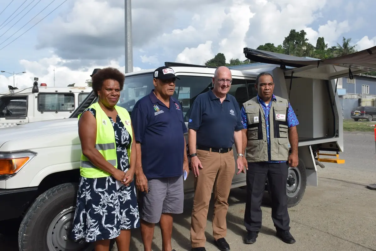 The handing over ceremony (L-R) DRM Project Manager Ms. Vini Talai, Director of NDMO Loti Yates, Australian High Commissioner H.E Dr Lachlan Strahan and MECDM Permanent Secretary, Dr Melchior Mataki.