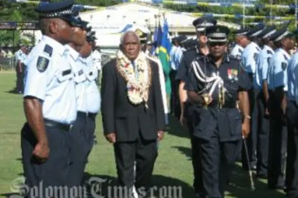 New Governor General, Frank Kabui, on his first engagement - the inspection of a guard of honour.