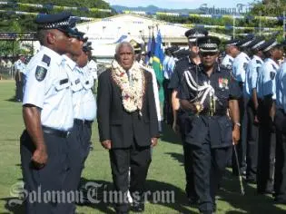 New Governor General, Frank Kabui, on his first engagement - the inspection of a guard of honour.