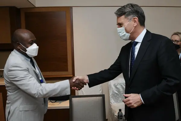 Australian Minister of Defense Richard Marles during a recent meeting with Anthony Veke, Solomon Islands Minister for Police, National Security and Correctional Services.