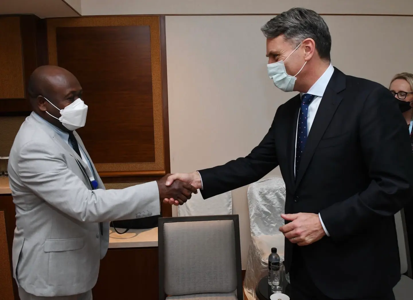 Australian Minister of Defense Richard Marles during a recent meeting with Anthony Veke, Solomon Islands Minister for Police, National Security and Correctional Services.