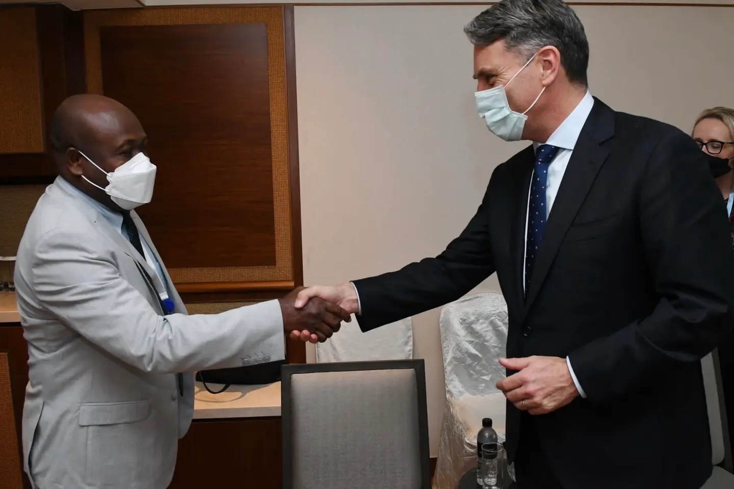 Australian Minister of Defense Richard Marles during a recent meeting with Anthony Veke, Solomon Islands Minister for Police, National Security and Correctional Services.