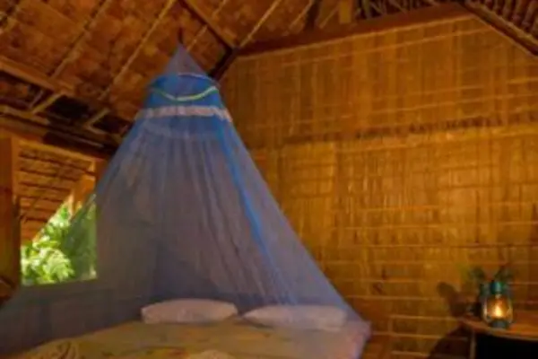 A room in a traditional leaf house at the TDA-run Tetepare Island Ecolodge.