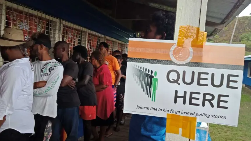A polling station at the 2019 National General Election. Voter turnout for Central Honiara and North East Guadalcanal were 75% and 92% respectively.