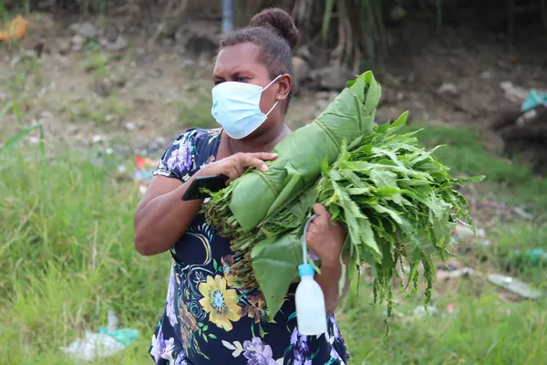 A mother purchases fresh vegetables from the mobile market team.
