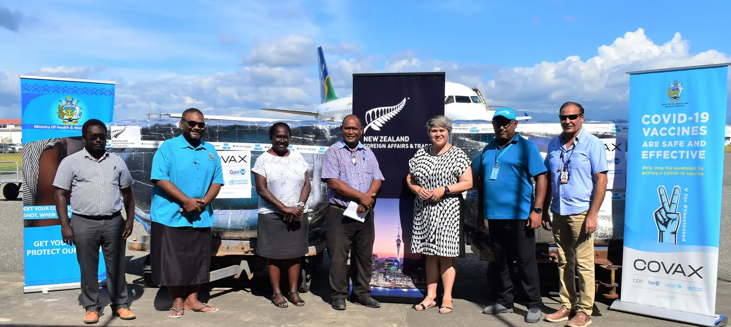 Receiving the vaccines batch at the airport were the Minister of Health Hon Dr. Culwick Togamana, his Permanent Secretary Mrs. Pauline McNeil, New Zealand High Commissioner Georgina Roberts, Chief of UNICEF Solomon Islands Field Office Dr Zelalem Taffesse, and other health officials.
