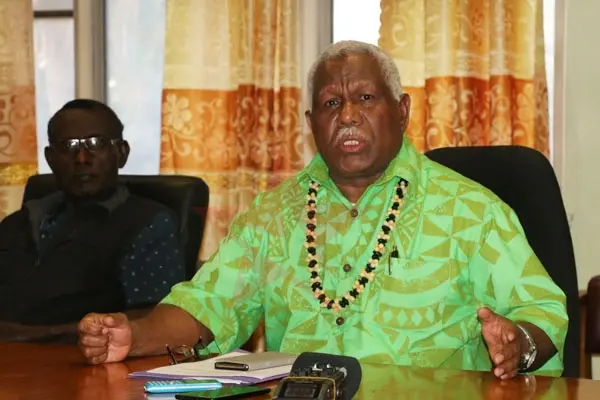 Solomon Island's Prime Minsiter, Rick Houenipwela and Ministry of Health and Medical Service Permanent Secretary Dr. Tenneth Dalipanda at the Press Conference on Sunday.