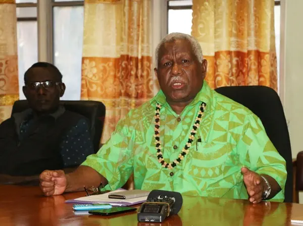 Solomon Island's Prime Minsiter, Rick Houenipwela and Ministry of Health and Medical Service Permanent Secretary Dr. Tenneth Dalipanda at the Press Conference on Sunday.
