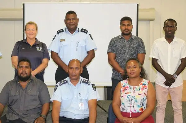 SICCI Vice Chairman, Rick Fuoo (left), Acting Commissioner of Police, Mostyn Mangau and SICCI CEO, Ms Atenasi Ata with officials from both SICCI and RSIPF who were present at the Executive Group Meeting.