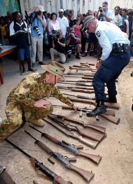 In 2000, under the terms of the Townsville Peace Agreement, the Regional Assistance Mission to the Solomon Islands (RAMSI) launched its first gun amnesty. This aimed to collect and destroy between 2,640 and 3,520 illegally held, mass-manufactured small arms.