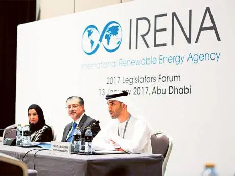 Dr Amal Abdullah Al Qubaisi, Federal National Council Speaker; Dr Thani Ahmad Al Zeyoudi, Minister of Environment and Climate Change; and Adnan Z. Ameen, Director-General of Irena, during the agency’s 2017 Legislators Forum in Abu Dhabi yesterday.