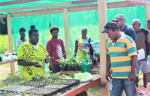 Clement Totu, field officer Guadalcanal agriculture extension office explains to farmers the processes of Noni propagation at the Propagation/Nursery booth during the Noni field day at T.W. Enterprise Noni farm at LDA area.