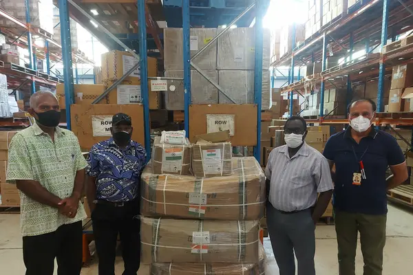 (L – R) Mr. Michael Ho’ota DS Technical, MAL; Mr Martin Jaiki, Director Supervising Research, MAL; Dr Gregory Jilini, Deputy Secretary Health Care and Supervising PS, MHMS and Dr Yogesh Choudhri, Senior Health Advisor receiving the items last week.