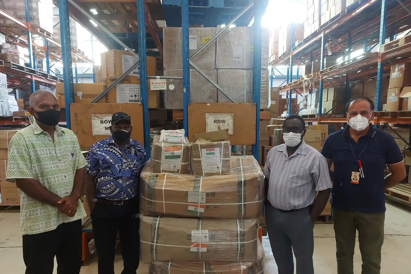 (L – R) Mr. Michael Ho’ota DS Technical, MAL; Mr Martin Jaiki, Director Supervising Research, MAL; Dr Gregory Jilini, Deputy Secretary Health Care and Supervising PS, MHMS and Dr Yogesh Choudhri, Senior Health Advisor receiving the items last week.