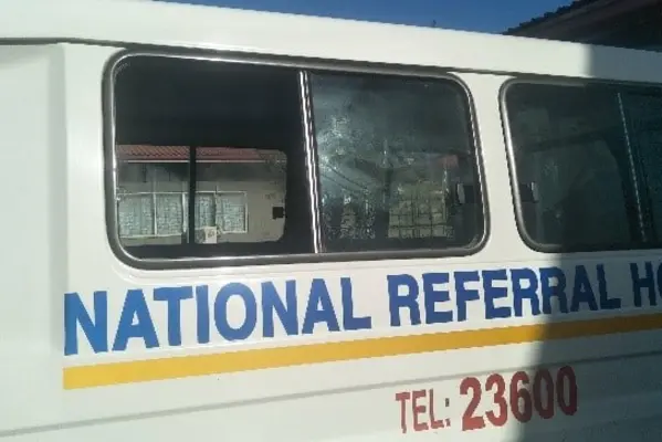 Back glass of an NRH ambulance shattered after being ambushed by thugs during the lockdown.