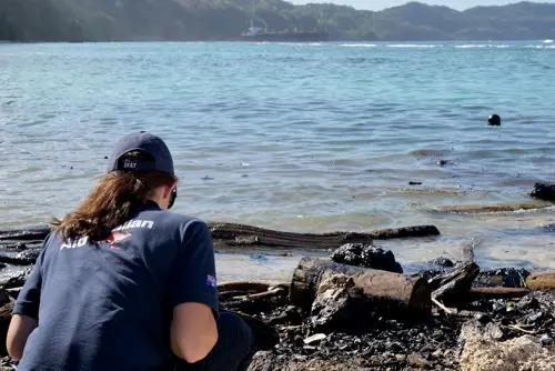 An Australian Embassy official surveys oil spill damage to the shoreline of Rennell Island.