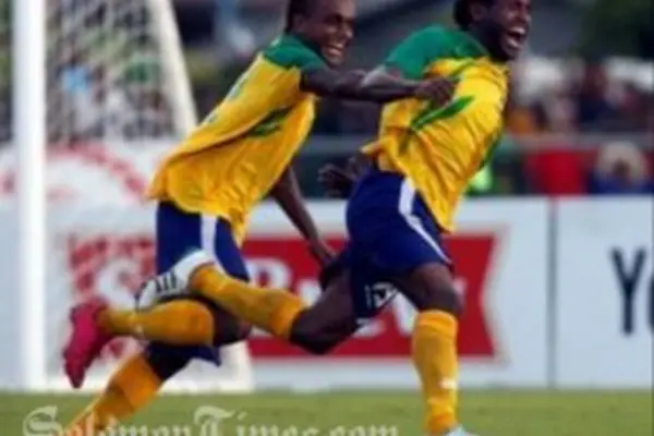 Benjamin Totori celebrates after scoring the only goal in yesterday's game.