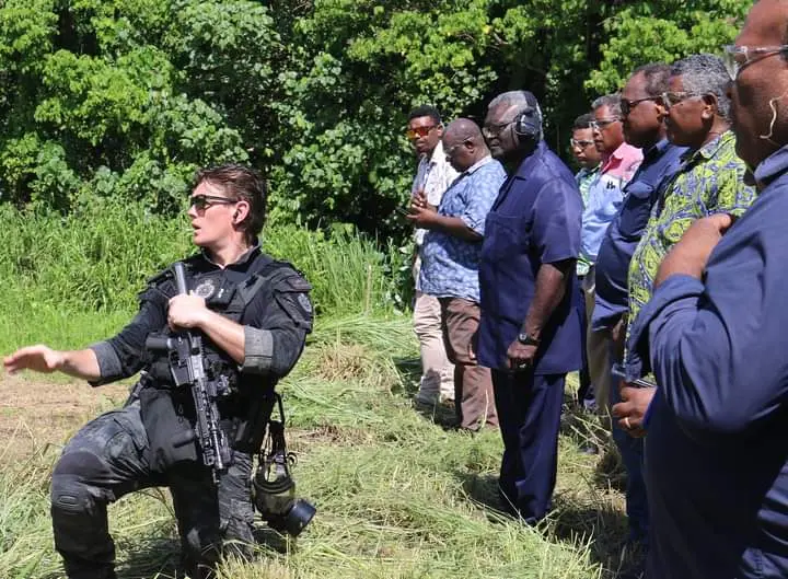Prime Minister Manasseh Sogavare and members of his cabinet given a demonstration by AFP of the new weapons capability.