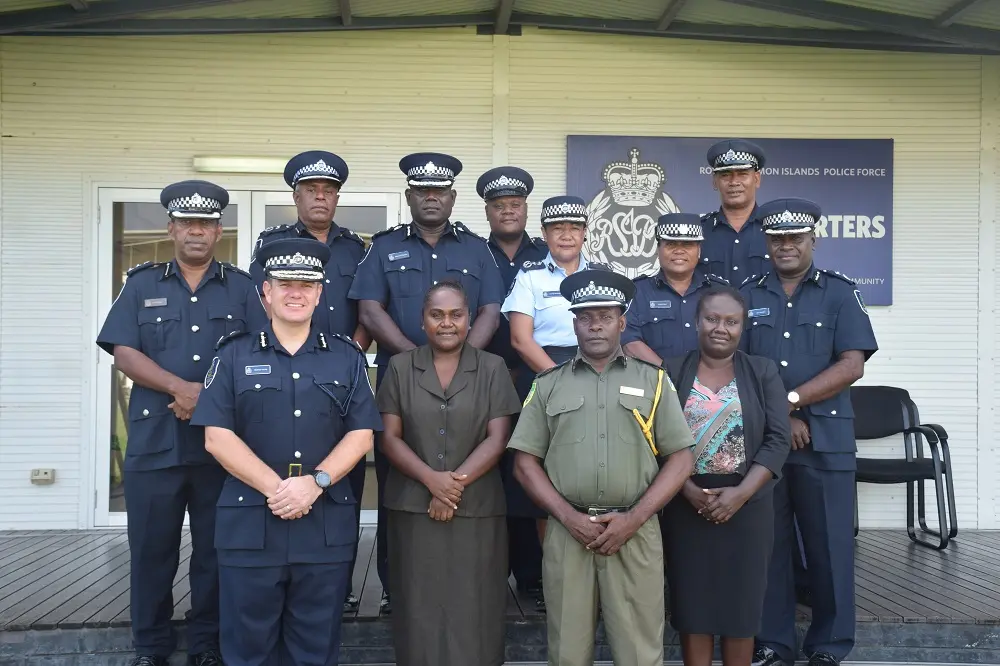Minister Tanangada and PS Galokale with RSIPF and CSSI executive officers.