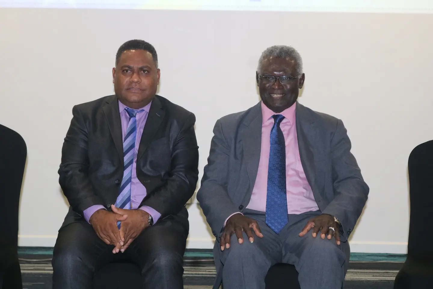 MNPDC Minister Rexon Ramofafia (left) and Prime Minister Manasseh Sogavare pose for photo during the NDS 2016 - 2035 Review launch.