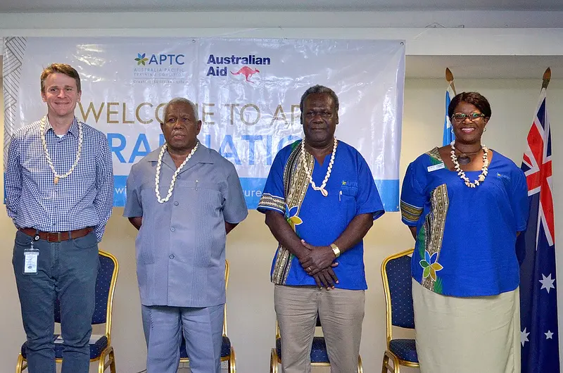 L-R: Australian High Commissioner to Solomon Islands, HE Mr Roderick Brazier; Caretaker Prime Minister of Solomon Islands, Hon Rick Houenipwela; APTC Country Director for Solomon Islands and Kiribati, Mr Donald Malasa; APTC Deputy CEO - Strategy and Effectiveness, Ms Lori Banks Dutta.
