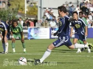 Auckland City's Keryn Jordan scores from the penalty spot in the 2009 OFC O-League final, second leg. Auckland City defeated Solomon Islands' Koloale FC 9-4 on aggregate.