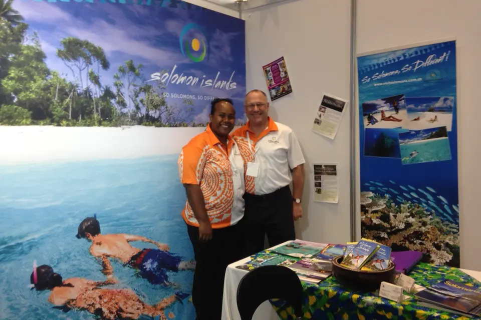 SIVB team participating at the 2015 Travel Industry Exhibition in Sydney, from left, SIVB marketing officer, Stella Lucas and SIVB Australia & New Zealand marketing representative, Richard Hankin.