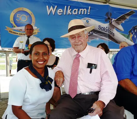 The late Laurie Crowley with a staff of Solomon Airlines during his recent visit.
