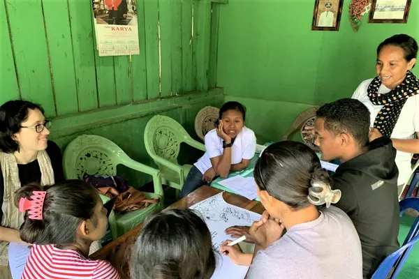 Plan International Indonesia, Institute for Sustainable Futures and local research consultant facilitating participatory community mapping with youth in eastern Indonesia for inclusive climate-resilient WASH.