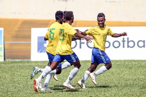 Patrick Taroga celebrates his goal against Vanuatu.