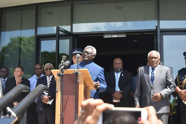 Manasseh Sogavare giving a brief remark shortly after winning the prime ministerial election.