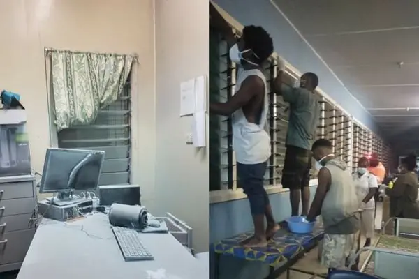 On the left is the office that caught fire and NRH staff and helpers cleaning the ward in the aftermath of the incident.