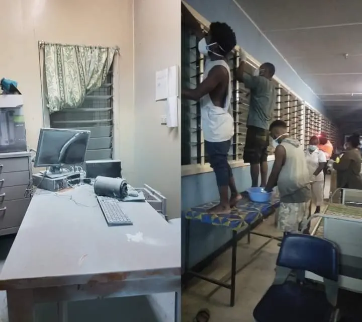 On the left is the office that caught fire and NRH staff and helpers cleaning the ward in the aftermath of the incident.