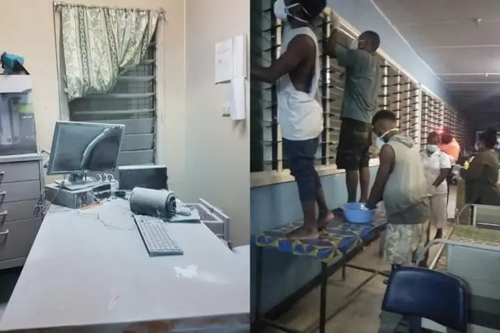 On the left is the office that caught fire and NRH staff and helpers cleaning the ward in the aftermath of the incident.