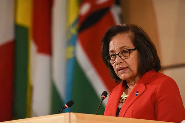 Hilda Heine, in 2019 as President of the Marshall Islands, addressing the International Labour Conference, Geneva.