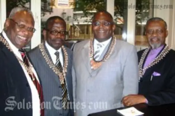 ACP Secretary General Sir John Kaputin, left, with African diplomats wearing Solomon Islands' necklaces in Brussels.