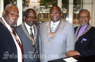 ACP Secretary General Sir John Kaputin, left, with African diplomats wearing Solomon Islands' necklaces in Brussels.