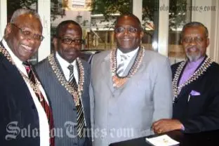 ACP Secretary General Sir John Kaputin, left, with African diplomats wearing Solomon Islands' necklaces in Brussels.