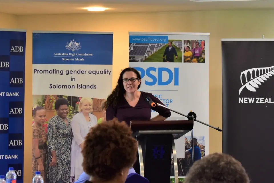 New Zealand’s Deputy High Commissioner, Kate Bradlow, speaking at the launch of the Pacific Private Sector Development Initiative’s (PSDI) ‘Leadership Matters’ report.