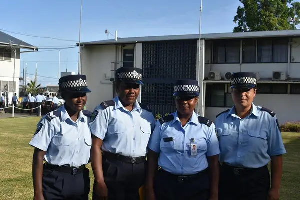 Sergeants Teku (2nd left) and Manataia(3rd left) with two other female colleagues after the promotion ceremony.