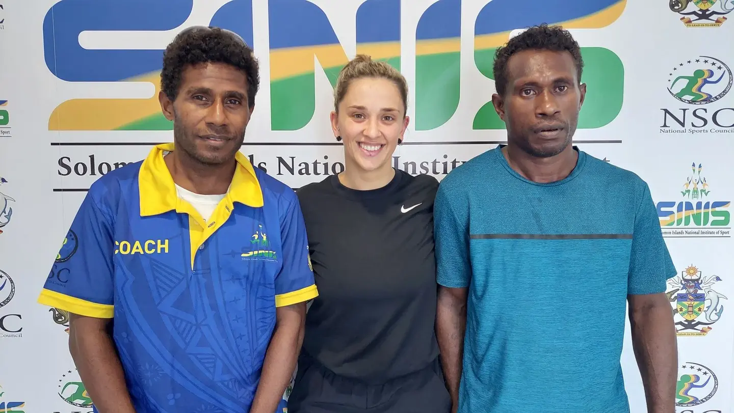 Solomon Islands World Taekwondo Union (SIWTU) Head Coach Junior Maetia, Australia's Taekwondo Gold medalist and Coach Bianca Scurry and SIWTU Assistant Head Coach Gibson Sira at the High Performance Centre today.