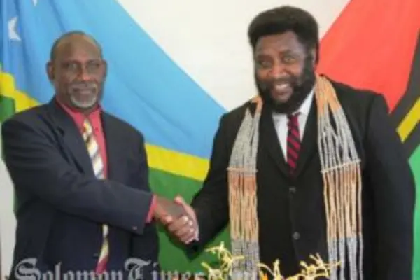 Minister of Health and Medical Services of Solomon Islands Hon. Charles Sigoto (L) and his Vanuatu counterpart Hon. Steven Don Ken.