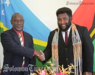 Minister of Health and Medical Services of Solomon Islands Hon. Charles Sigoto (L) and his Vanuatu counterpart Hon. Steven Don Ken.