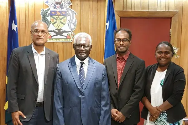 The PAU Vice Chancellor, Prof. Teatulohi, Prime Minister, Hon. Sogavare, Dr. Clyde Puilingi and Minister for Education Hon. Lanelle Tanangada.