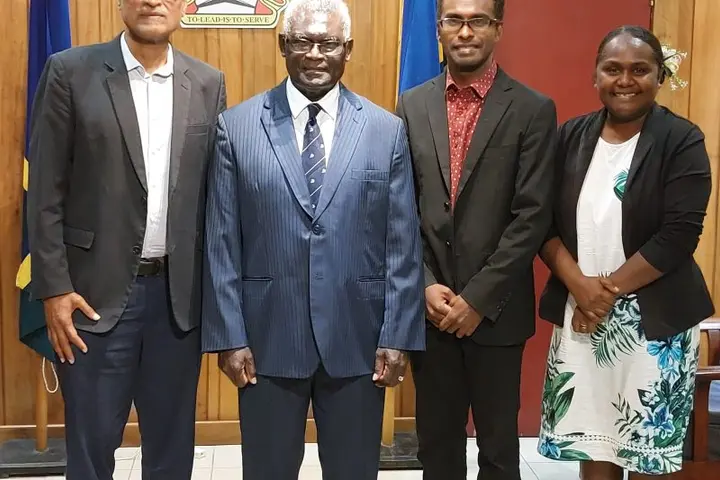 The PAU Vice Chancellor, Prof. Teatulohi, Prime Minister, Hon. Sogavare, Dr. Clyde Puilingi and Minister for Education Hon. Lanelle Tanangada.